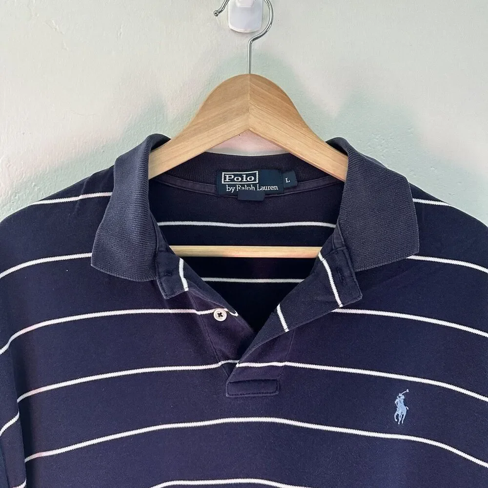 Polo Ralph Lauren Polo Shirt Navy Blue Stripes Men's Size Large 100% Cotton‎